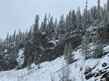 Snow on cliffs of Yellowstone National Park
