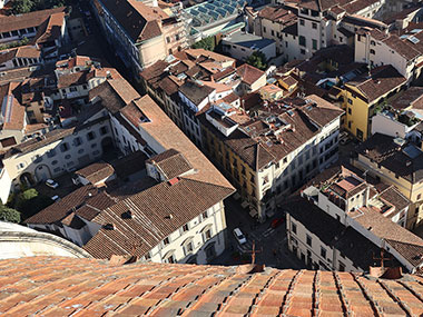 Looking over roof to street from top of dome