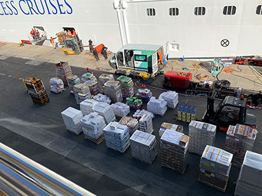 Gangway to Enchanted Princess with supplies on ground