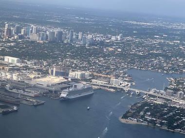 View of Enchanted Princess at dock from air