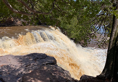 waterfall with trees behind it