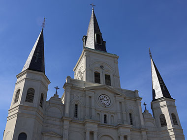 View of cathedral from sidewalk out front of it