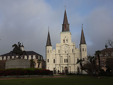 St. Louis Cathedral and Jackson Square with statue to the side