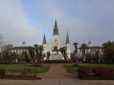 St. Louis Cathedral and Jackson Square from across the street from the park