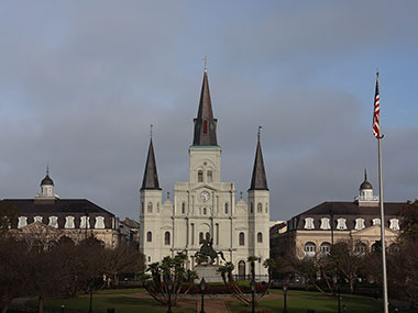 St. Louis Cathedral and Jackson Square with flag pole