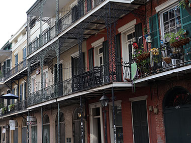Balconies spread across several buildings