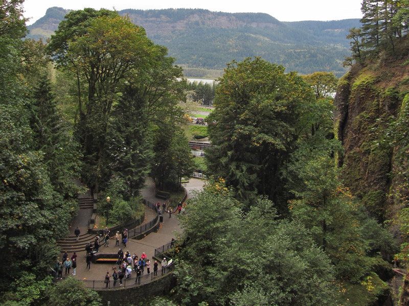 View of people entering Multnomah Falls