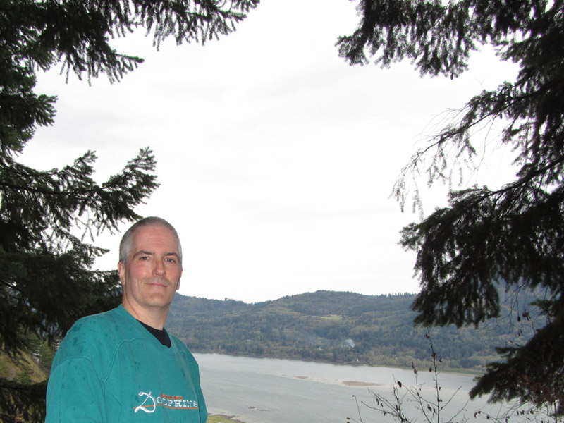 Pat with River behind at Multnomah Falls