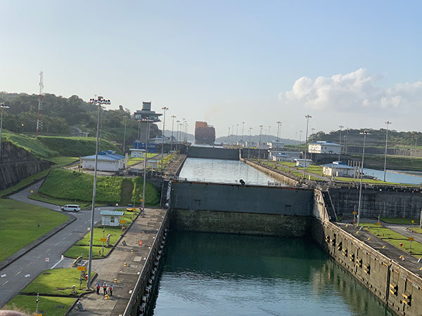 Ship in a lock in the distance