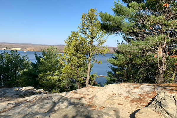 Overlook of river with boat
